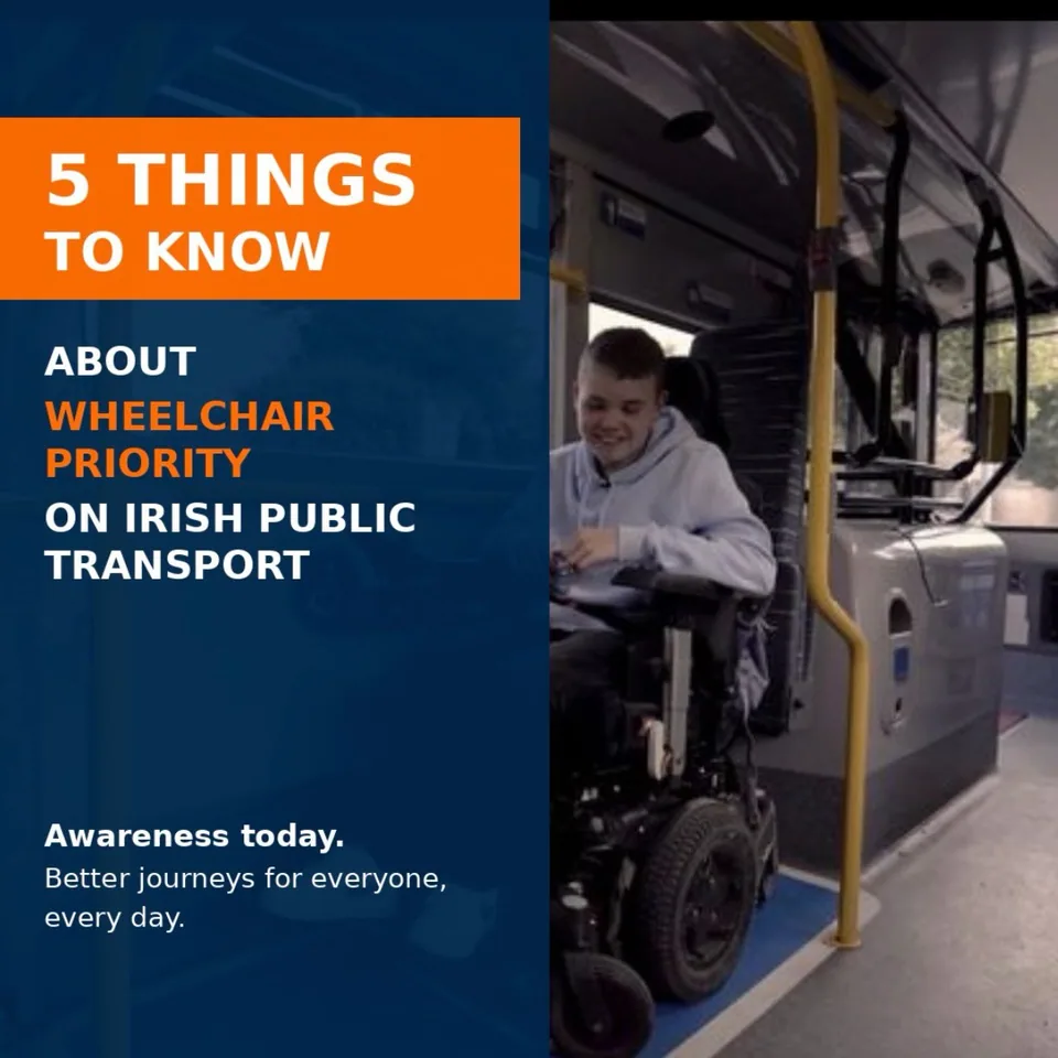 Graphic stating '5 Things to Know About Wheelchair Priority on Irish Public Transport' featuring James on a bus